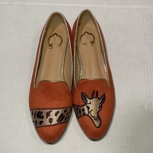C. WONDER FLATGEE Orange Slip On Loafer Giraffe Embroidery Flats 8 1/2